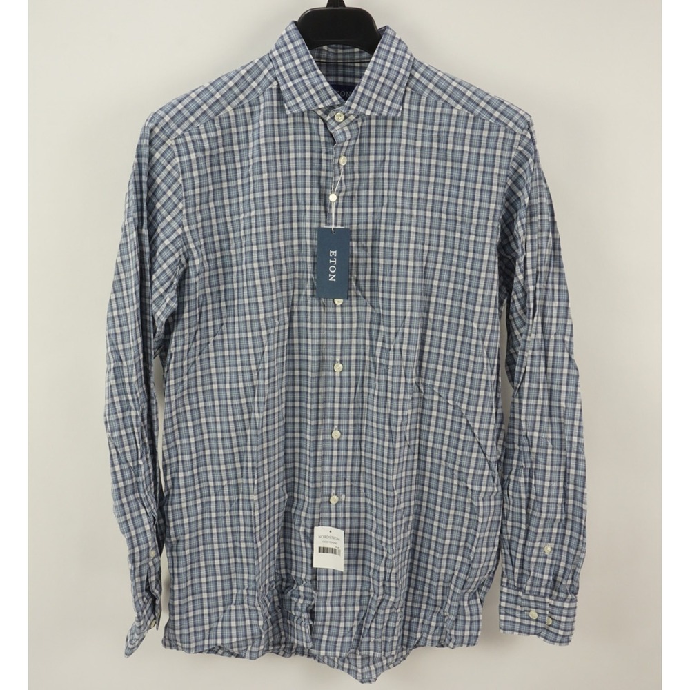 New $295 Eton Linen Cotton Blend White Blue Plaid Button Up Shirt Men Large 16.5